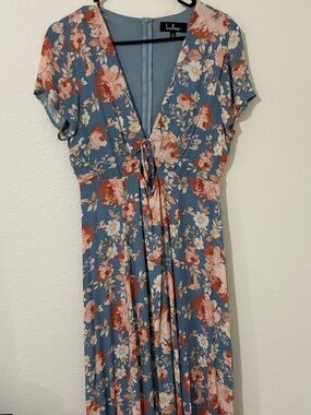 Lulu's Dusty Blue Floral Maxi Dress with Rust and Cream Blooms